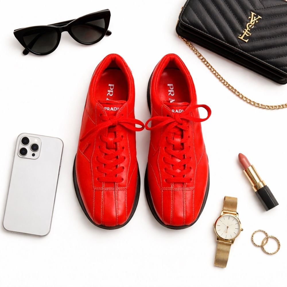 Prada Vintage Red Leather Sneakers Women's Size 8 Lace-Up Low Top Logo Sole GUC - Picture 8 of 8